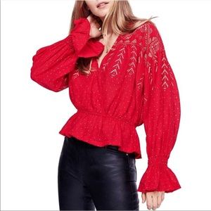 Free People Counting Stars Red Arrows Faux Wrap Peasant Blouse Top
